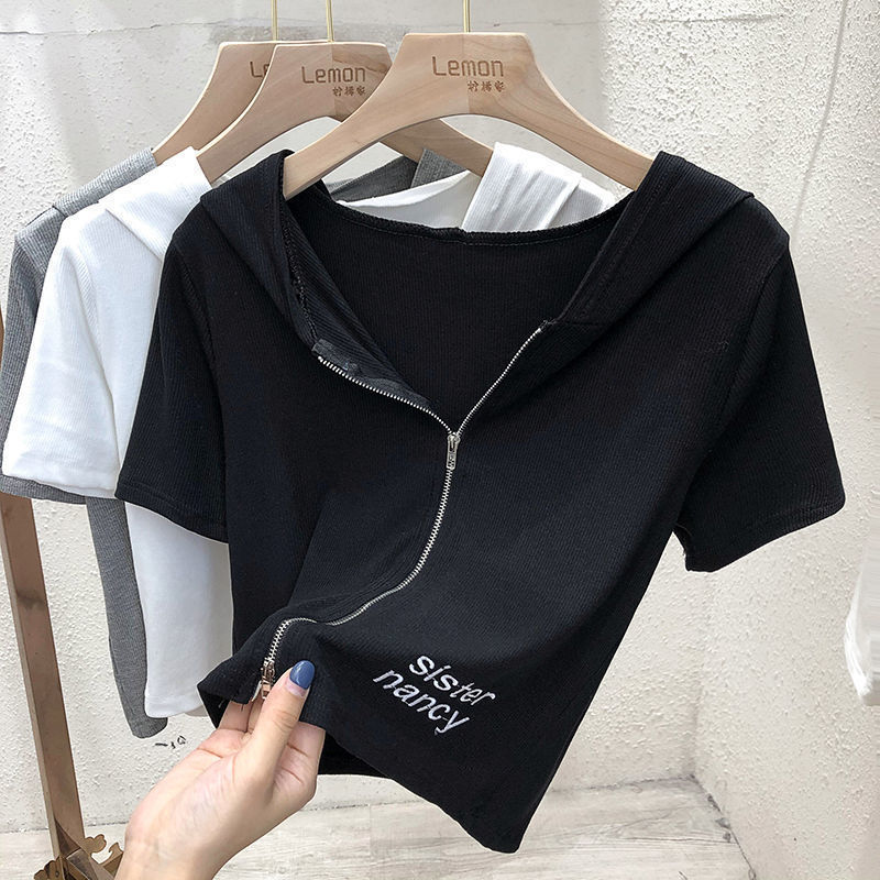 ジッパーカーディガンフード付き半袖 Tシャツ女性のための夏 2025 新デザインニッチショートホットガールトップイントレンド|undefined