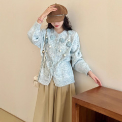 甜美立体花朵针织开衫女2025秋冬新款韩系宽松温柔风镂空毛衣外套