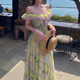 南法花影浪漫印花撞色荷叶边大露背连衣裙度假风仙女长裙