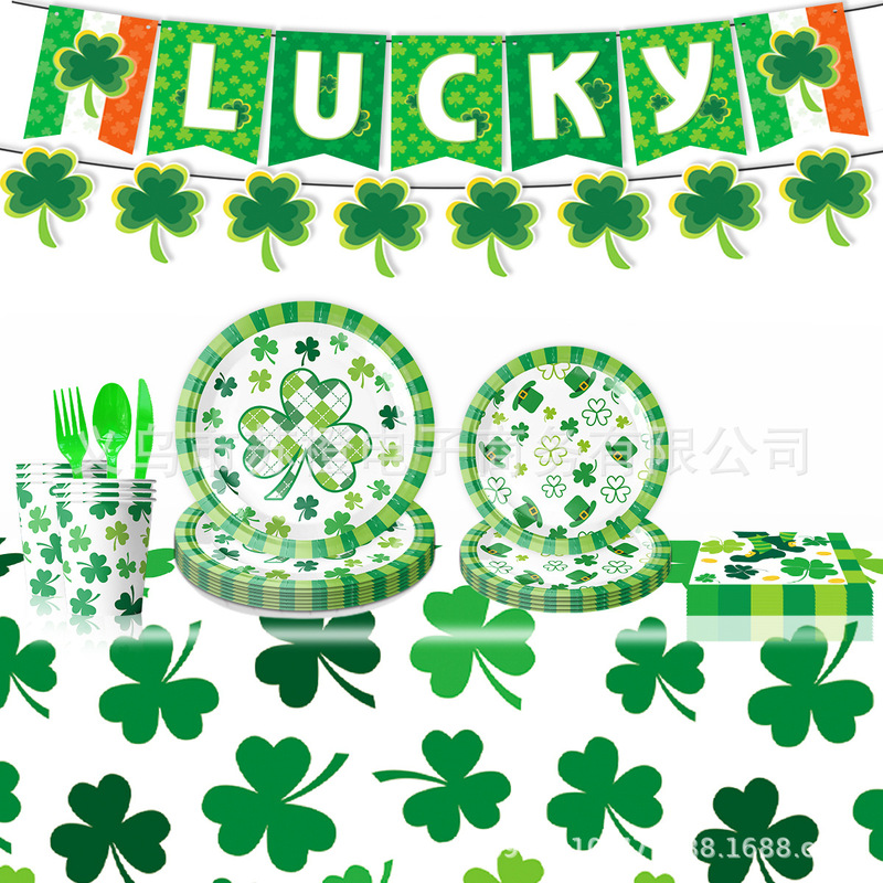 St. Patrick's Day Clover Party Tableware Paper Tray Tissue Banner Irish Holiday Party Supplies Decoration