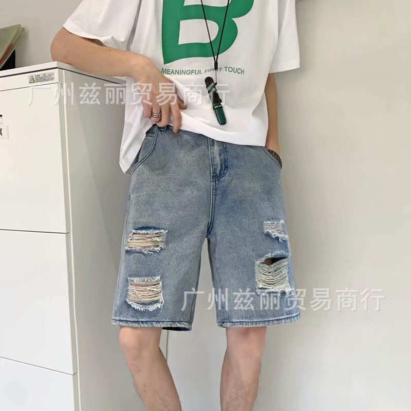 外贸批发跨境大码2025夏季新款牛仔中裤裤复古破洞修身男士五分裤