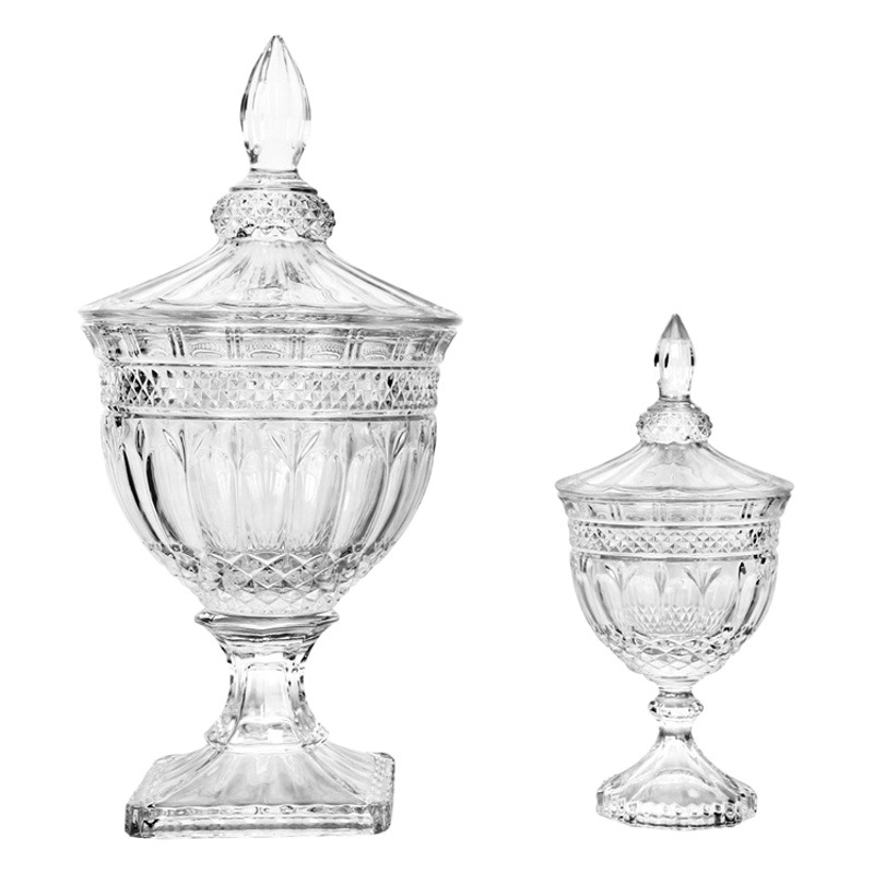 Estilo europeo retro en relieve caja de dulces de vidrio copa de caramelo tarro caja de fruta seca con tapa caja de almacenamiento tarro de almacenamiento en el hogar