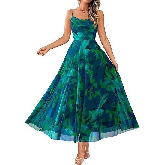 Dress with European and American Prints, Women's Clothing with Floral Straps, Thin Shoulder Straps, Double-Layered Mesh, Amazon Dress with European and American Prints, Women's Clothing with Floral Straps, Thin Shoulder Straps, Double-Layered Mesh, Amazon