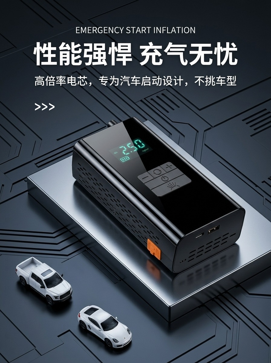Car emergency starting power supply, vehicle-mounted air pump, battery jump starter, large-capacity tire inflator, fully certified for cross-border use