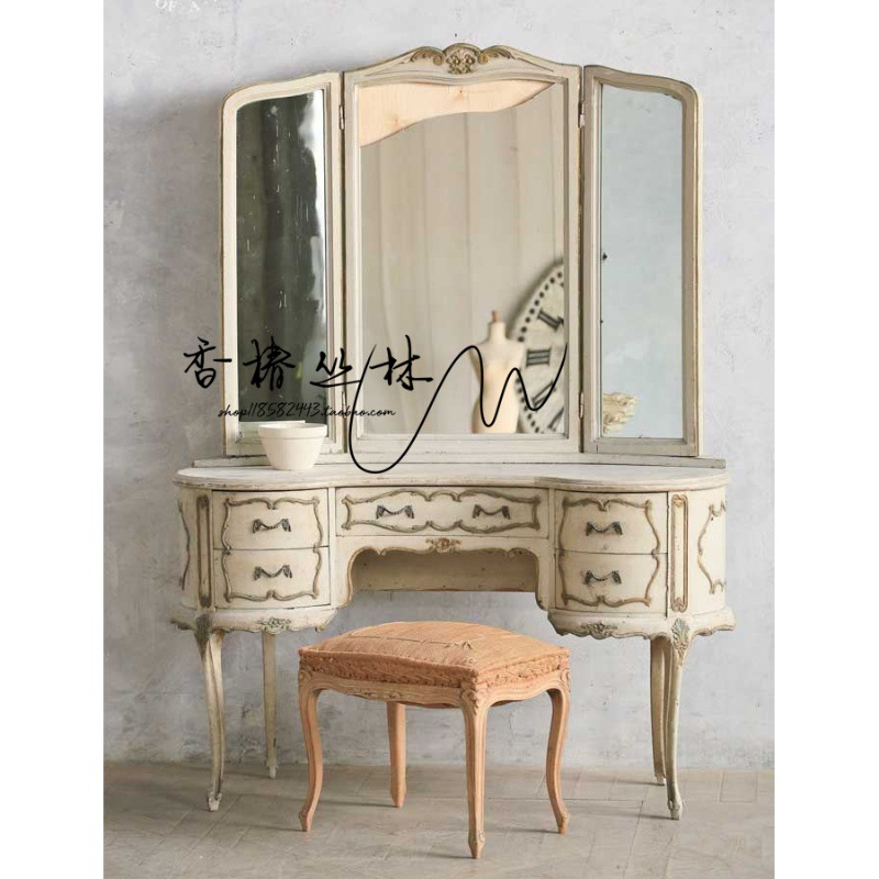 法式古董做旧家具 美式乡村复古实木梳妆台 地中海英式描金化妆桌