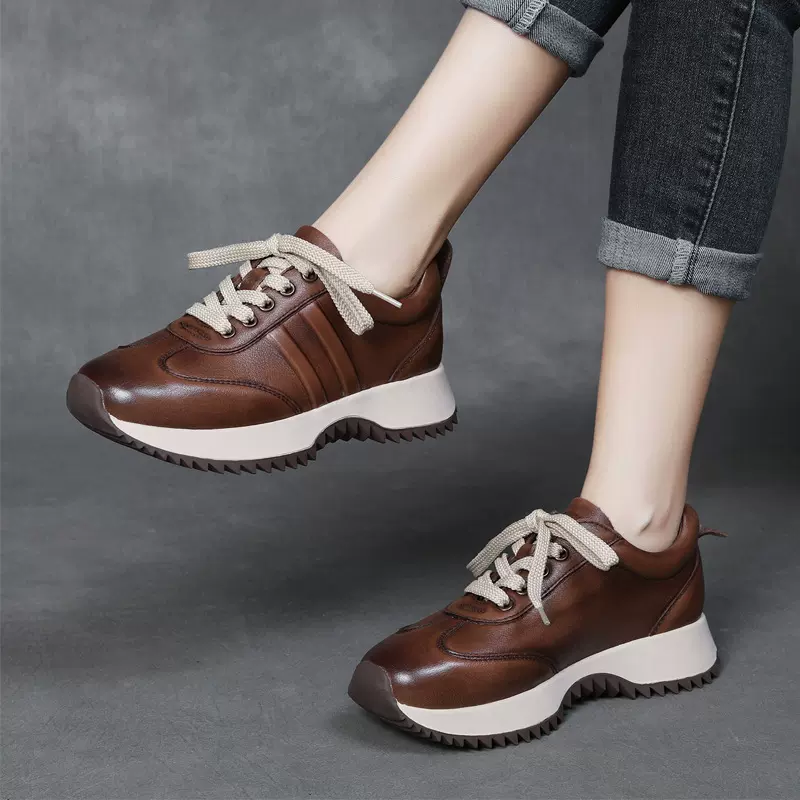 铂帝思 秋冬新款美拉德真皮阿甘鞋女厚底防滑舒适休闲运动老爹鞋