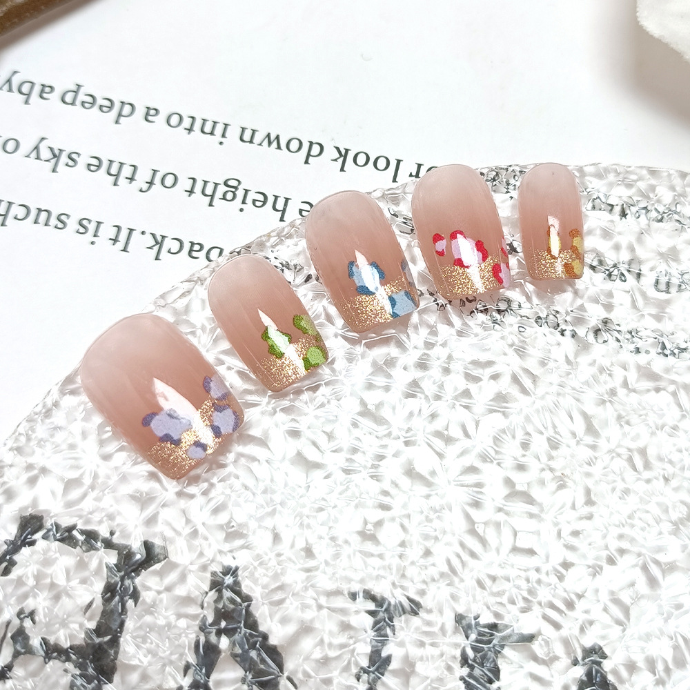 Arte de uñas con brillantina dulce, pegatinas de uñas francesas con estampado de leopardo colorido, juego de 10 piezas con diferentes tamaños, uñas postizas de ojo de gato hechas a mano.
