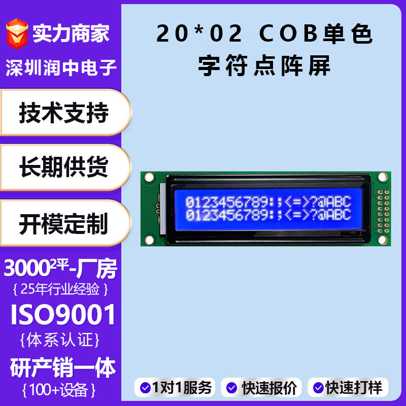 20*02 COB点阵屏STN字符数字高清蓝色点阵LCM液晶显示屏模块