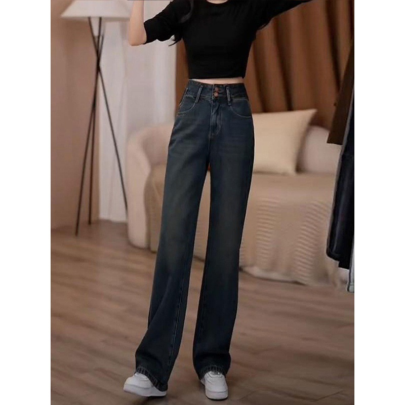 Pantalones vaqueros retro de talle alto, corte ajustado y pierna recta elástica para mujer, tallas grandes, estilo adelgazante, pierna ancha, nuevo estilo 2026, ajuste curvilíneo_voghion.com