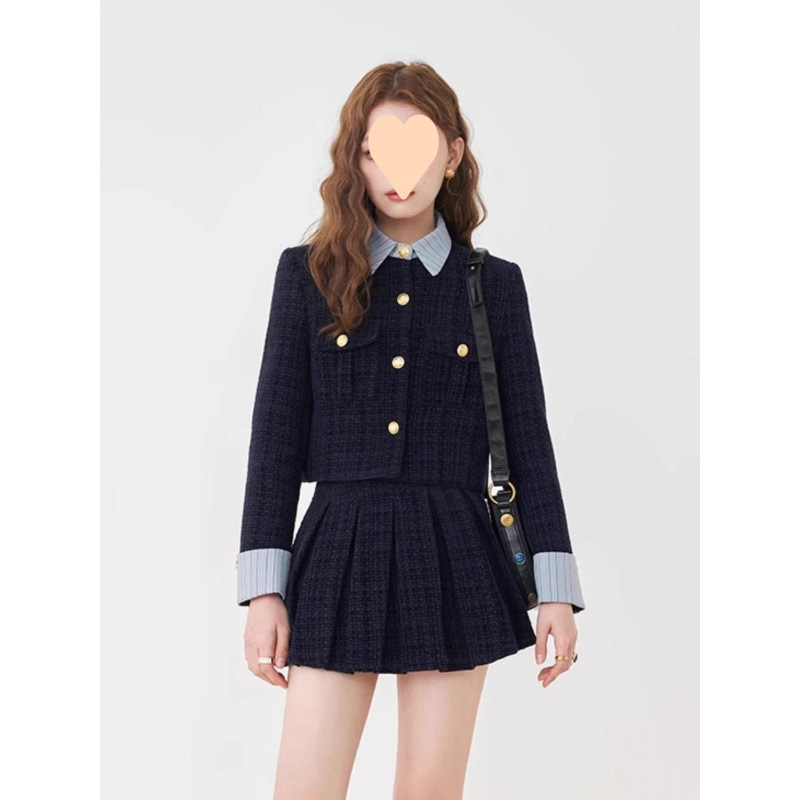 大码胖韩系小香风假两件短款外套+辣妹高腰百褶短裙显瘦两件套|undefined