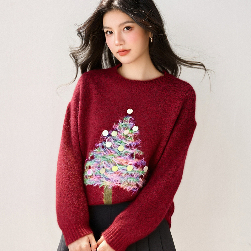 R9839 Southeast Asian Brand Women's Christmas Round Neck Sweater, Autumn Jacquard Sequin Loose Soft Top, Sweet Style