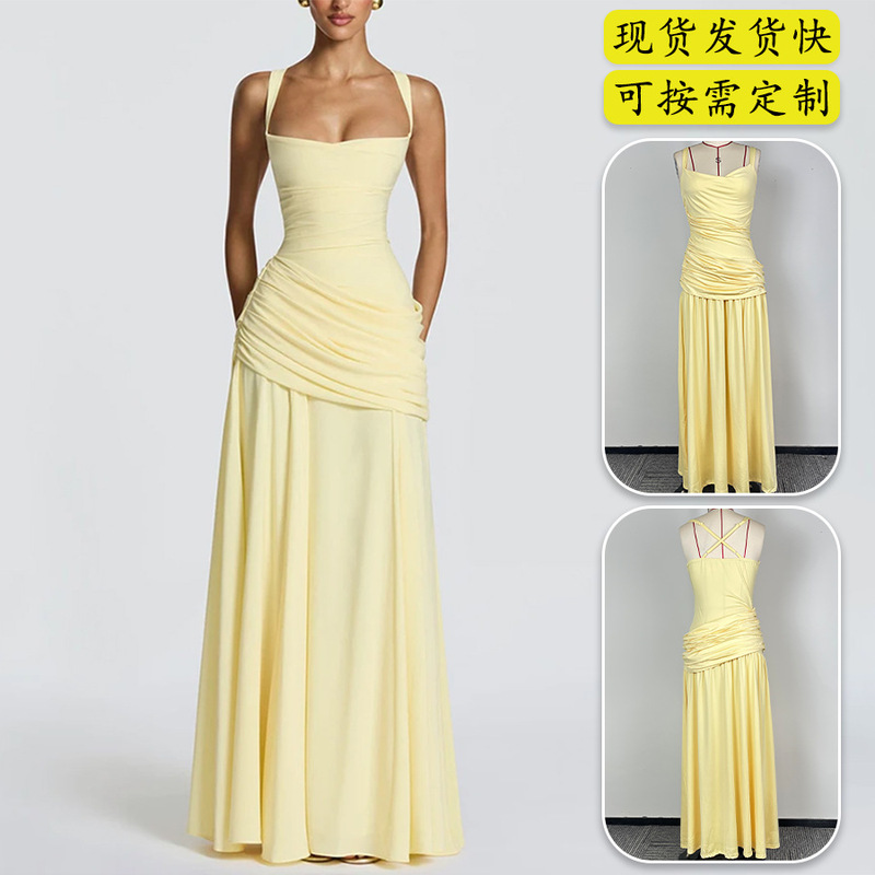2026 New Summer Women's Clothing Cross-Border European and American Style Dress Sleeveless Waist-Cinching Flared Strap Dress