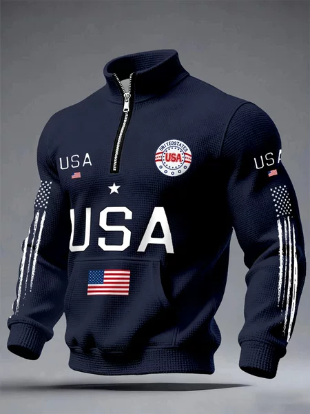 Japanese Fabric 250g Direct Supply from Source Factory Cross-Border Men's Half-Zip Sweatshirt Usa Flag Print Stand Collar Top