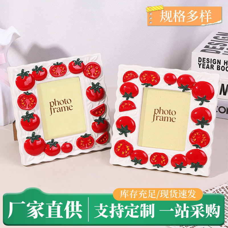 Fresh Fruit and Vegetable Style Tomato Ceramic Photo Frame with Three-Dimensional Relief Texture, Nordic Style Home Desktop Photo Display Ornament
