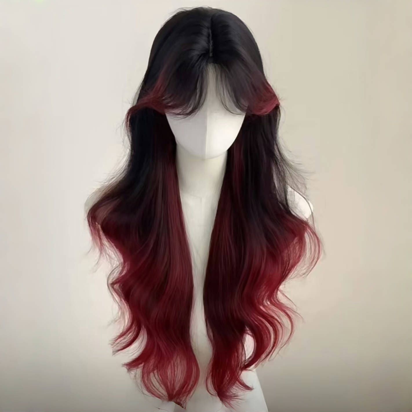 [Coloured Glaze Spark] Paris Wig Women's Black and Red Gradient Medium Long Curly Hair Advanced White Full Cover Wig