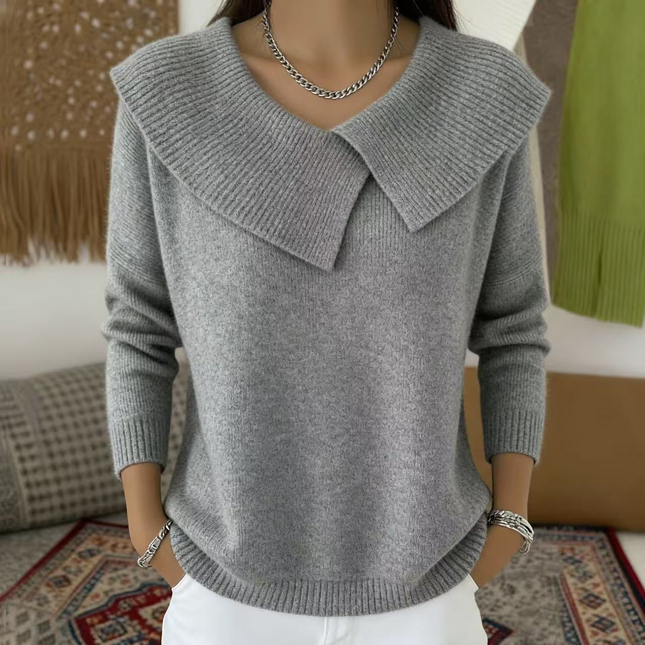 Women's Clothing Fashion Retro Slimming Collar Sweater For Women Style Versatile Knitwear Elegant Look For Formal & Casual For Women_ecoleips.com