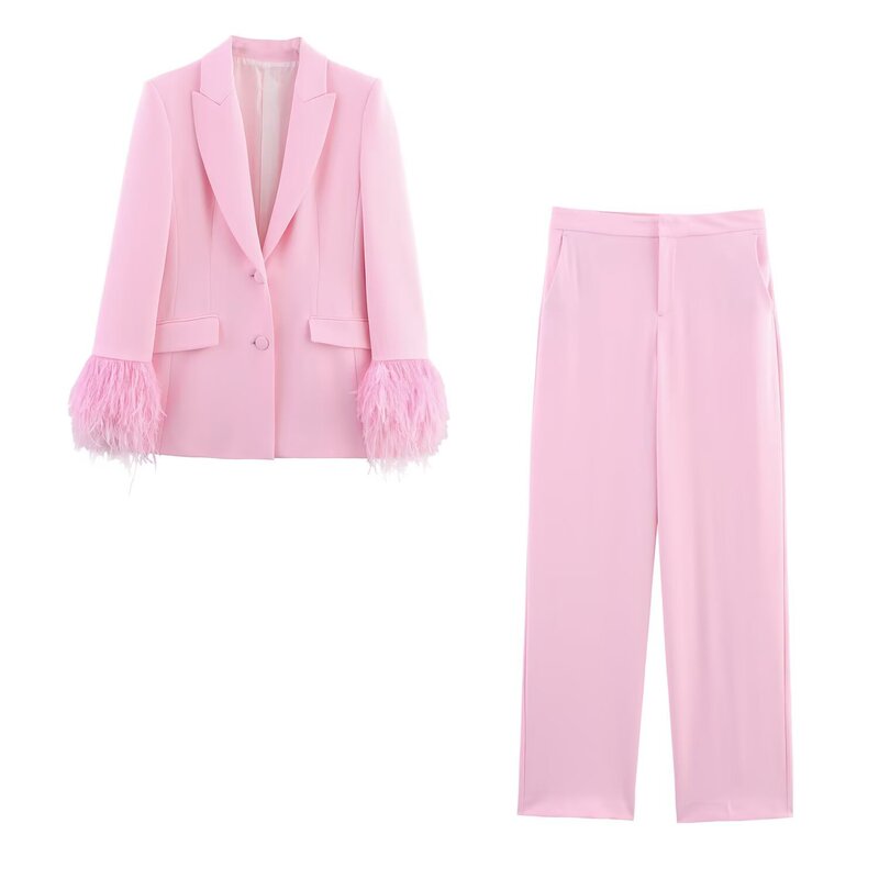 Cross-Border Spring and Autumn New Women's Clothing European and American Style Feather Cuff Blazer Casual Pants Suit