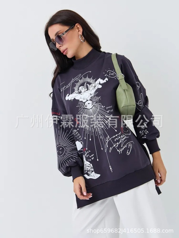 2025跨境欧美印花秋冬新款气质百搭开衩罗纹圆领长袖加绒卫衣女|undefined