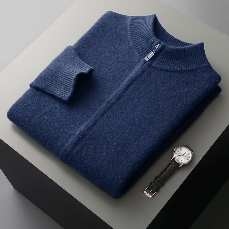Autumn and Winter New Pure Wool Knitted Double-Strand Thickeneded Stand-Up Collar Cashmere Cardigan Men's Versatile Long-Sleeved Cashmere Jacket
