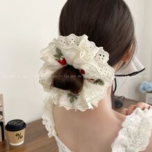 甜美刺绣樱桃四层蕾丝大肠发圈女高级感头绳方巾发绳丸子头花发绳