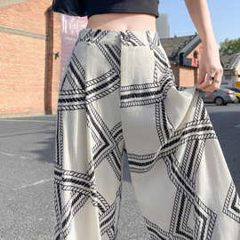 老钱风印花棉麻阔腿裤女夏日轻薄外穿松弛感亚麻花裤子防晒遛弯裤