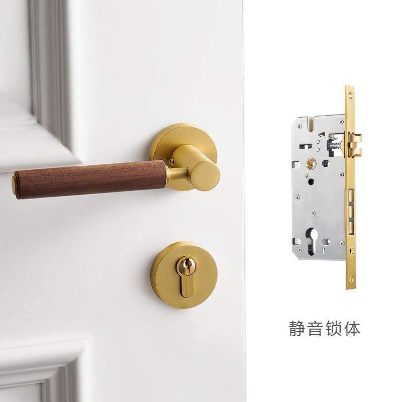 Cerradura de Puerta Interior de Latón para el Hogar, Suministro Directo de Fábrica, Totalmente en Cobre, Estilo Francés, Silenciosa, Magnética, Retro, con Manija de Madera de Cerezo para Dormitorio