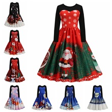 Z圣诞节装扮女装冬跨境外贸黑色圆领长袖拼接复古修身印花大摆裙