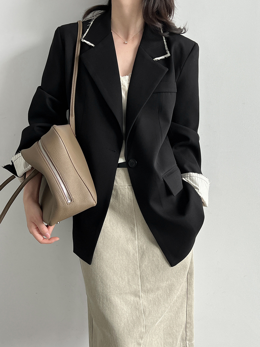 Luxi Contrast color raw edge temperament lapel suit for women 26…