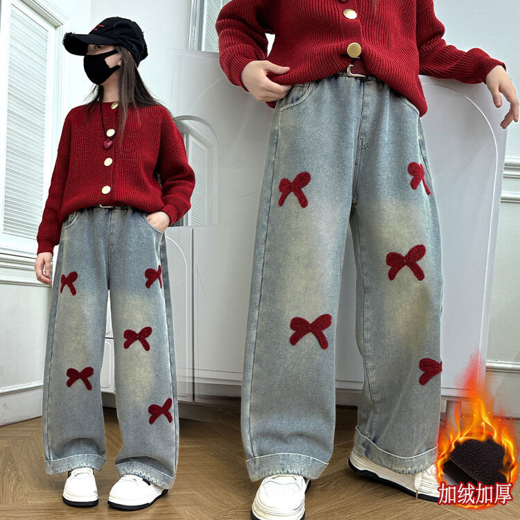 소녀 청바지 가을과 겨울 큰 어린이 넓은 다리 바지 겨울 기모 두꺼운 겨울면 바지 겨울 어린이 바지