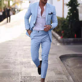 2024跨境新款男士西装两件套男西装套装修身韩版礼服套装