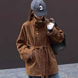 欧式老钱风馥郁棕中长款风衣外套感麂皮绒皮衣女款秋新款
