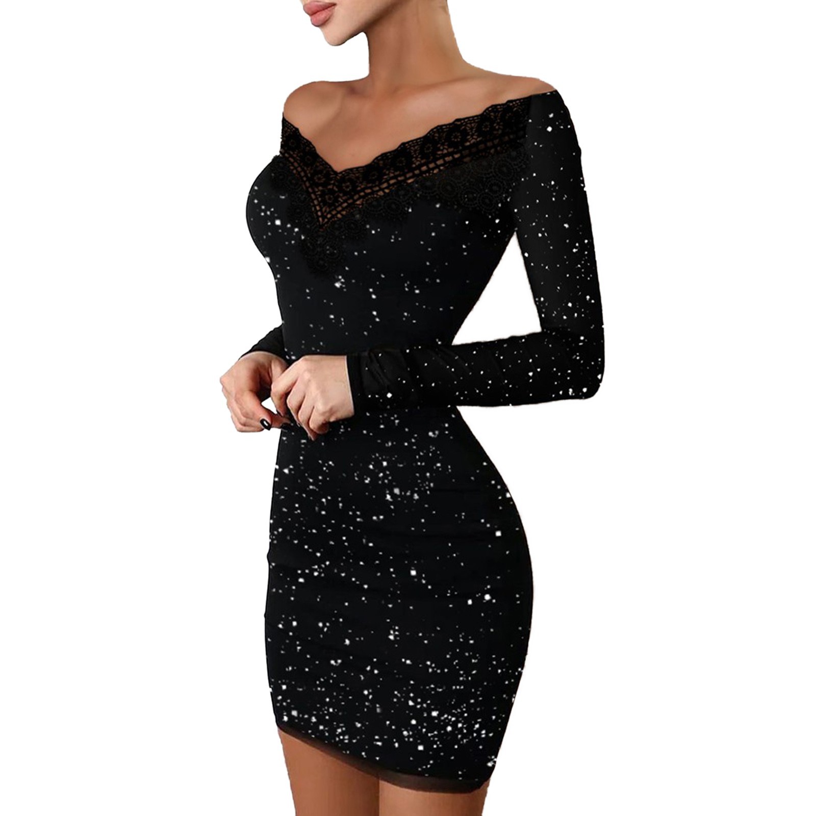 Sheath Dress Fashion Boat Neck Lace Long Sleeve Polka Dots Knee-length Daily display picture 26