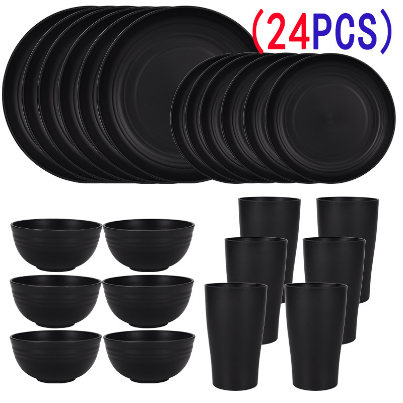 Amazon Wheat Straw Tableware Portable suit Dishes and Dish Water Cup 6-person Outdoor Black Tableware suit