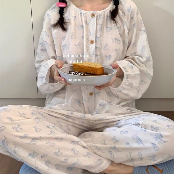 Cotton Double Gauze Sketch Cat Loose Korean Style Home Clothes Pajamas suit