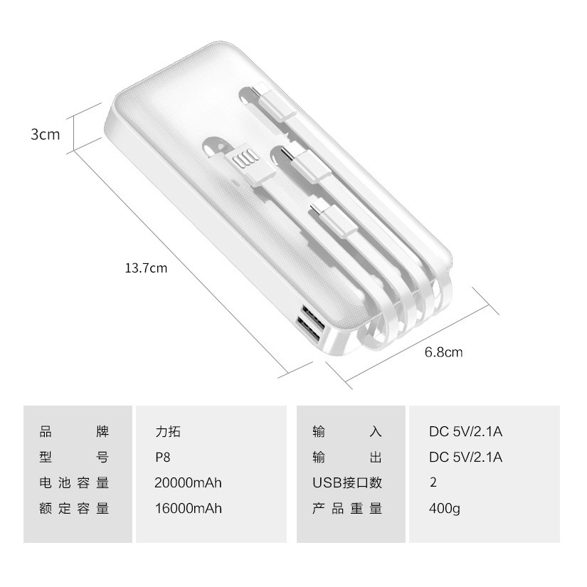 One-drag three-in-One Power Bank 20000 mA viene con pantalla digital ultrafina de cuatro cables de gran capacidad de carga rápida de energía móvil