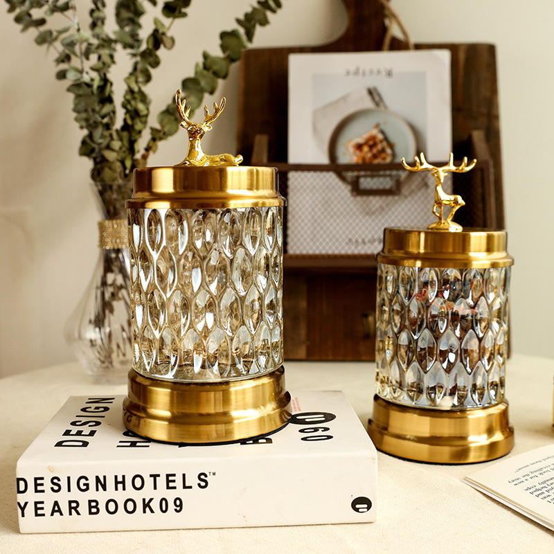 欧式麋鹿储物罐客厅金属玻璃首饰罐创意糖果罐美式轻奢家居装饰品