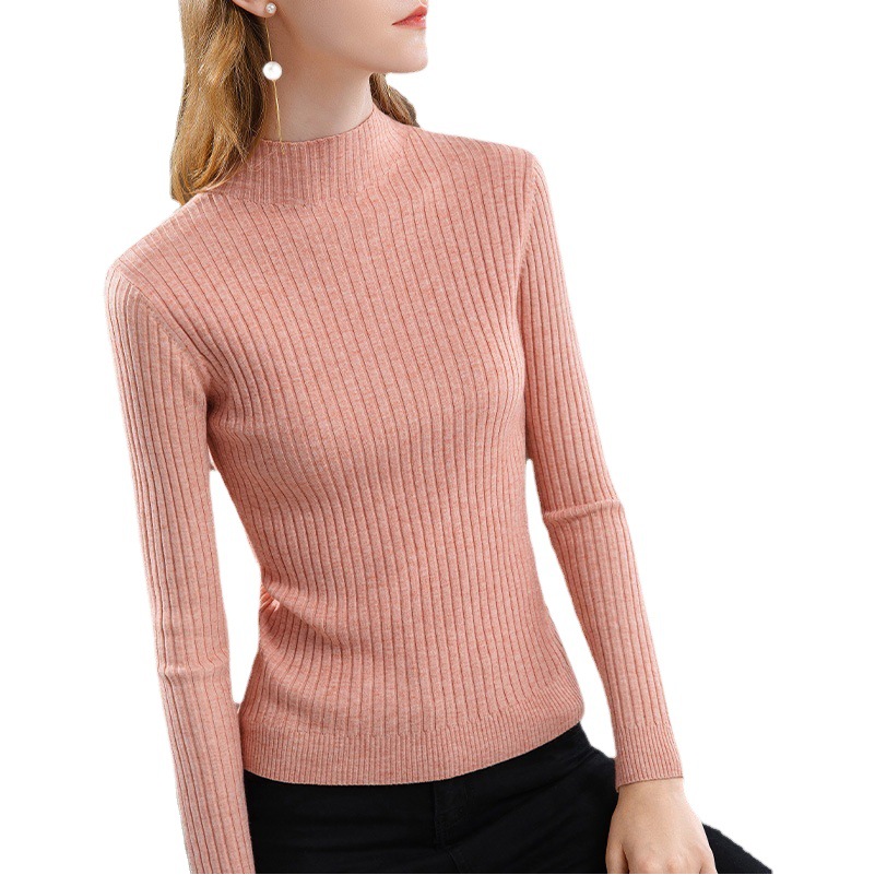 Suéter de punto de cuello medio alto para mujer, estilo nuevo 2025, suéter acanalado de color sólido, capa base, ropa interior elegante, top que estiliza la cintura