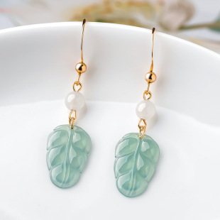 Natural A goods Jade Blue Water leaf earrings S925 silver set ice jade stone earrings fashion women's earrings earrings