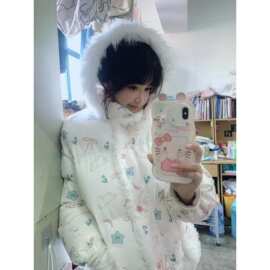 多巴胺甜美可爱萌卡满印毛领棉服女冬季新款百搭宽松连帽棉衣外套