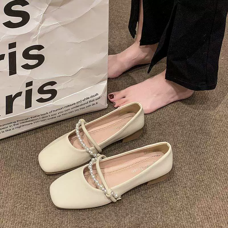 Женские туфли на плоской подошве на толстом каблуке, весенний новый стиль, жемчужная пряжка, туфли Мэри Джейн на низком каблуке с юбками, универсальные женские туфли-бини на среднем каблуке с мягкой подошвой