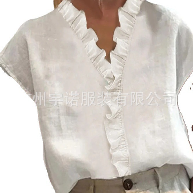 Amazon deseo AliExpress 2023 nuevas mujeres europeas y americanas de algodón y lino encaje costura manga corta Camisa casual