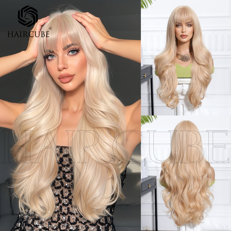 Wig Headgear White Gold Long Curly Hair Qi Bangs Oblique Bangs Mechanism Wig Big Wave Chemical Fiber Hair Europe and America Cross Border