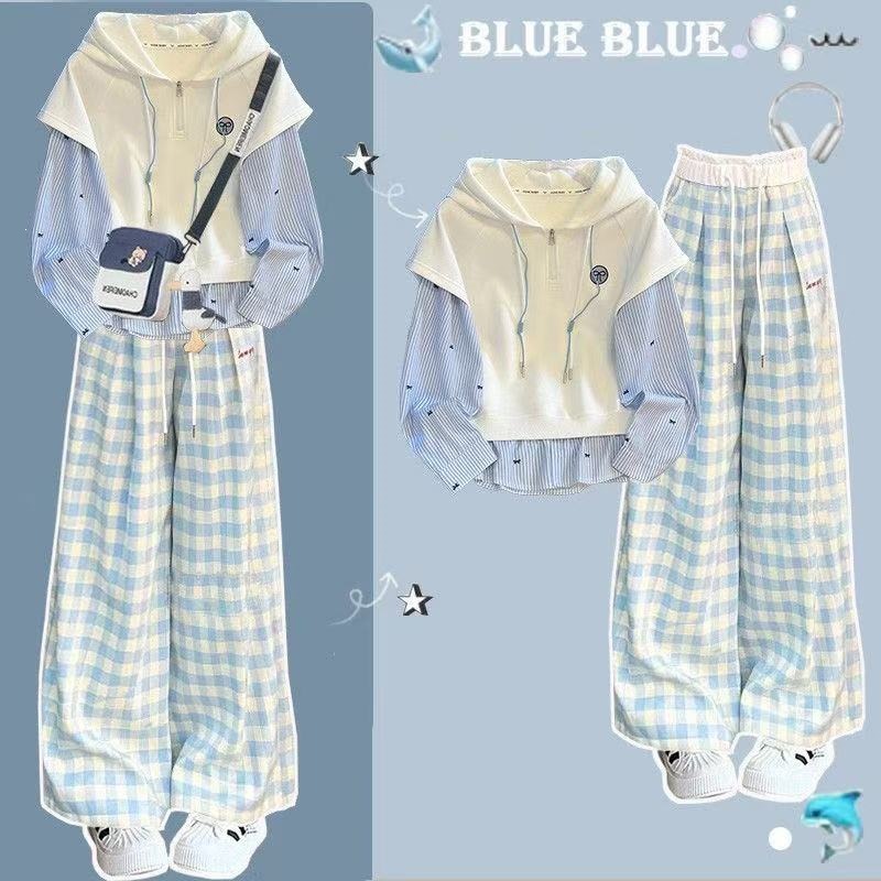 Girls' two-piece hooded sweatshirt set, spring and autumn 2026 new style, children's striped shirt and plaid pants two-piece set.