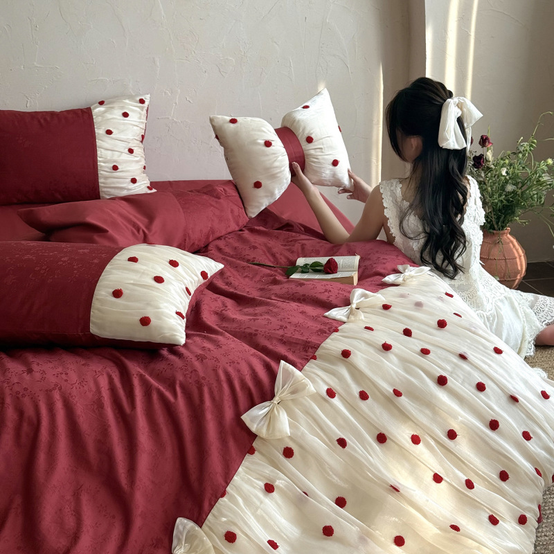 Lolita风法式浪漫纯棉四件套被套床单轻奢全棉长绒棉蝴蝶结少女心|undefined