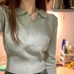 Vネックpoloニットの底のシャツの女性の修身はやせています。短いタイプの中に2023秋冬の上着のデザイン感のセーターがあります。