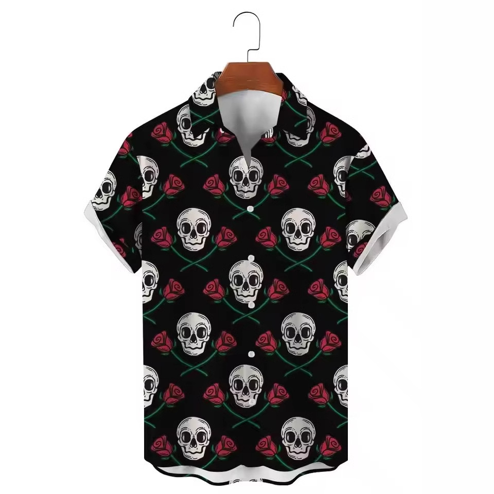 AliExpress Europa y América Venta caliente Colorido Abstracto Diversión Skull Impresión 3D Camisa suelta de manga corta con botones de verano para hombres