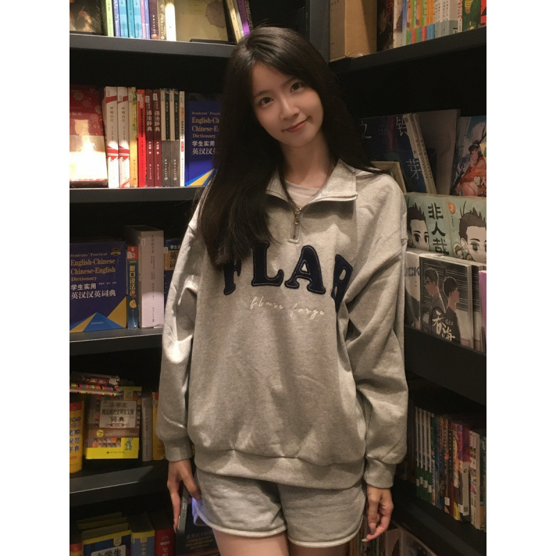 美式复古立领拉链字母卫衣女春秋宽松开衫休闲甜酷风显瘦百搭外套|undefined
