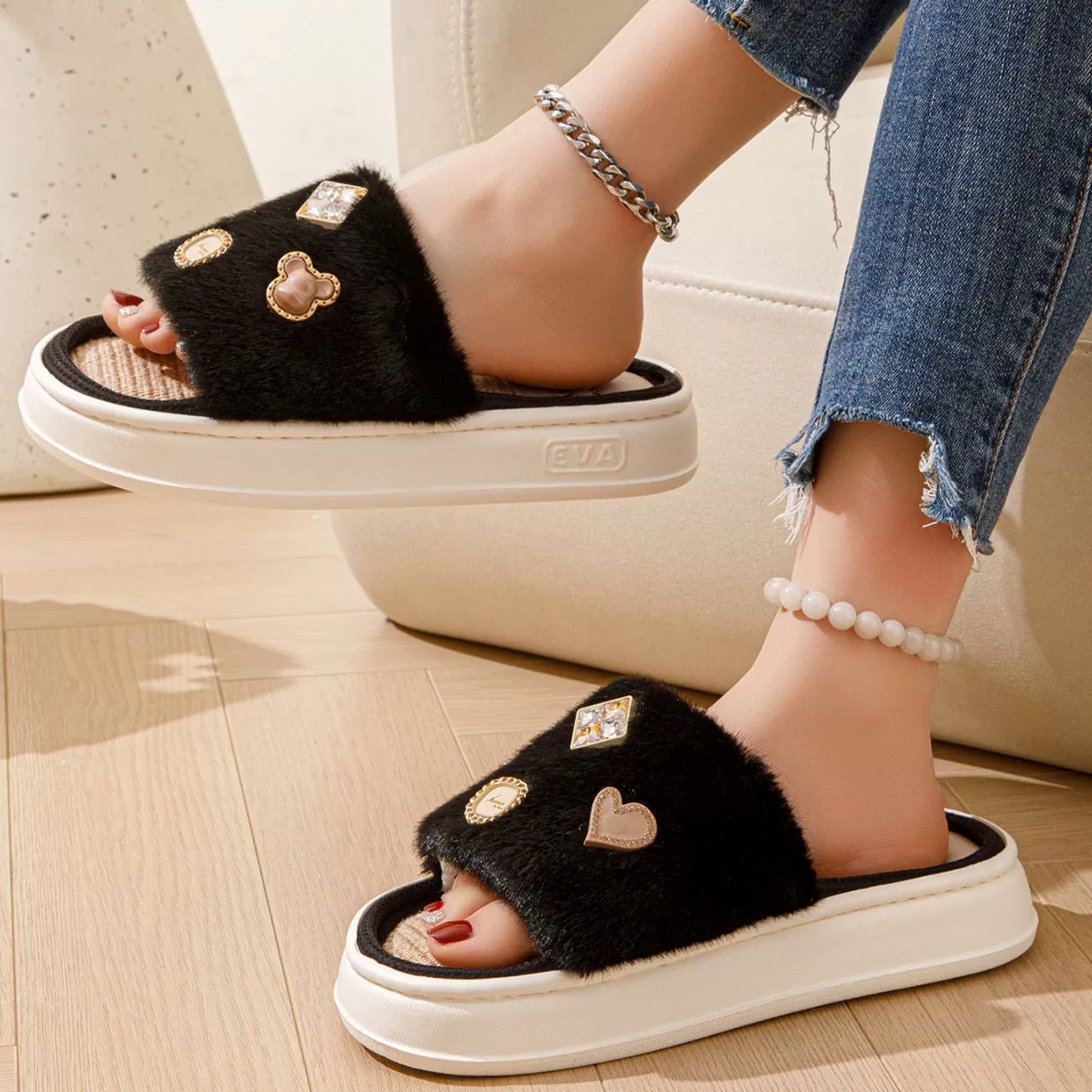 Новые льняные тапочки, осенне-зимние меховые тапочки, удобная нескользящая домашняя обувь на толстой подошве, льняные тапочки с подогревом для комнаты