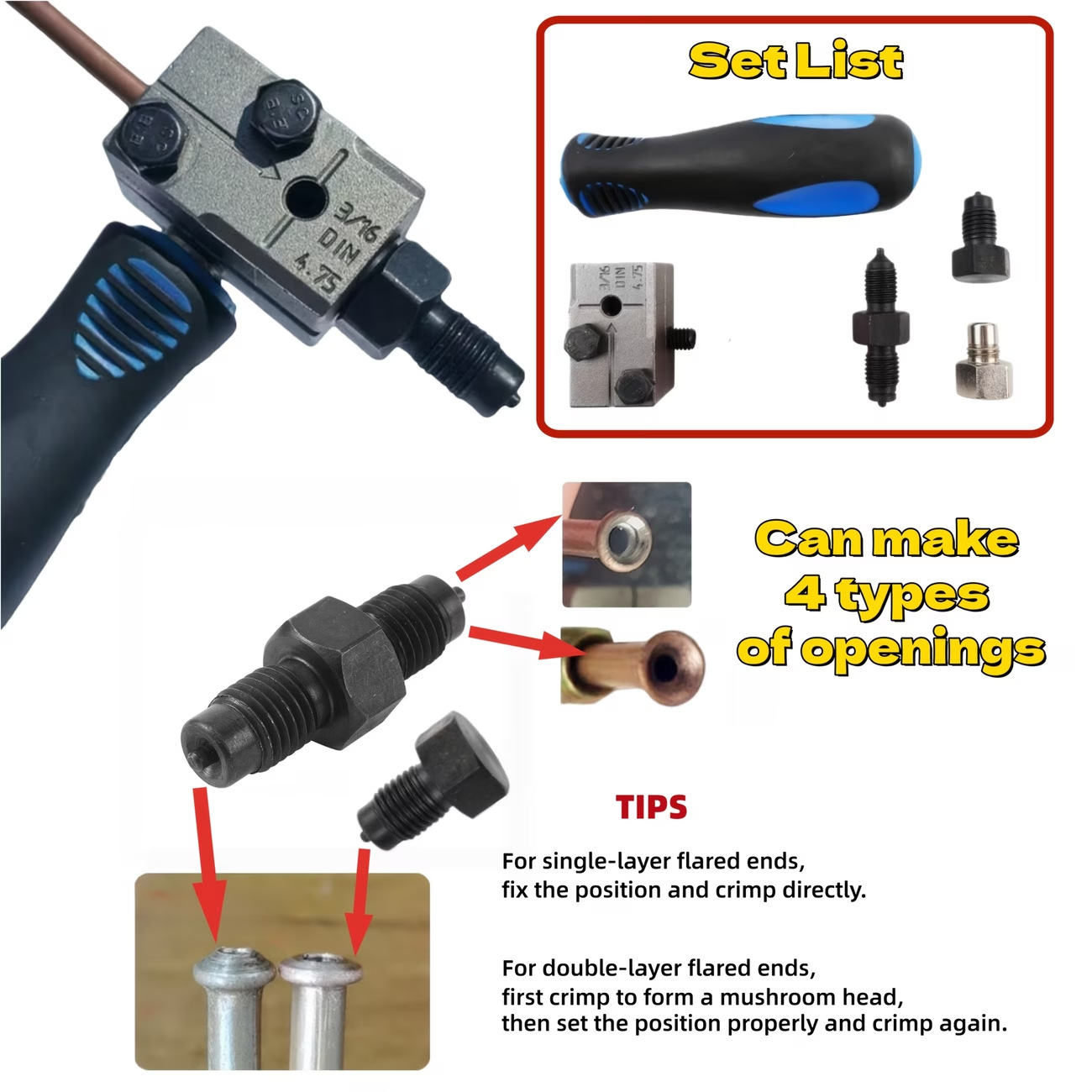 Brake Pipe Flaring Tool Set, Brake Hose Expander, Copper Pipe Flaring Tool 4.75mm Din/Sae