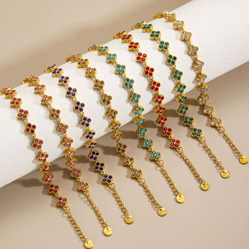 European and American Cross-Border Titanium Steel Four-Leaf Clover Zircon Bracelet, Colorful and Fashionable High-End Full Zircon Versatile Women's Jewelry European and American Cross-Border Titanium Steel Four-Leaf Clover Zircon Bracelet, Colorful and Fashionable High-End Full Zircon Versatile Women's Jewelry